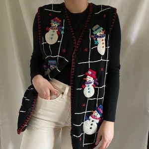 SOLD - Vintage B.P Design 1990s Snowman Black Christmas Long Vest Tunic